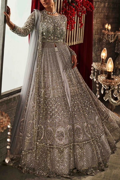 Grey pearl embroidered lehenga set