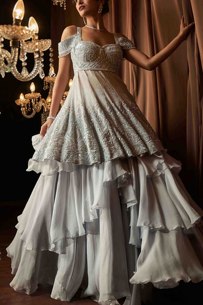 Grey pearl embroidered peplum and layered skirt