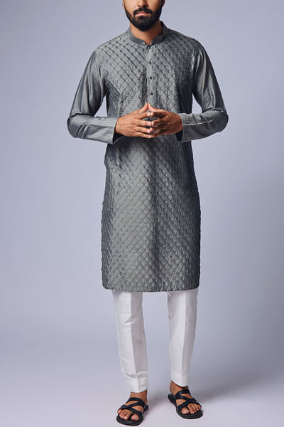 Grey pintuck cotton silk kurta set