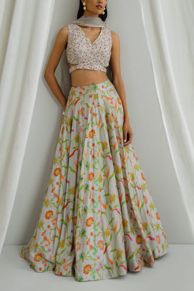 Grey printed lehenga set