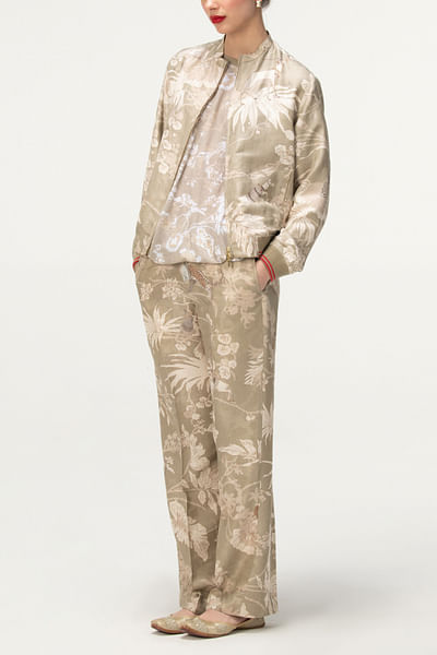 Grey rainforest print silk bomber jacket