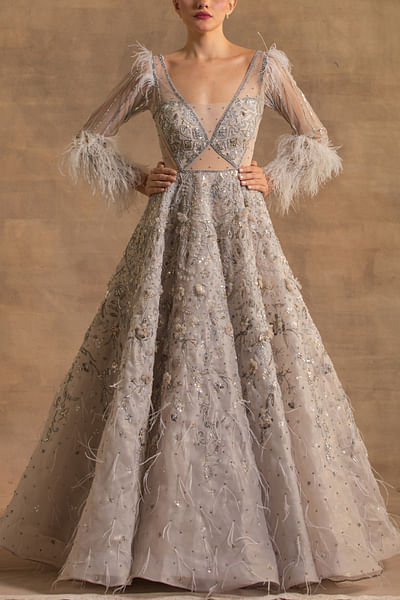 Grey sequin and feather embroidered gown