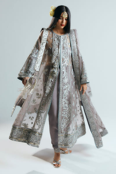 Hussain Rehar Grey sequin embroidered kurta set HUSFEB25D115922