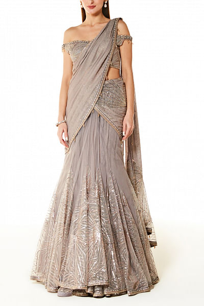 Grey sequin embroidered lehenga sari set