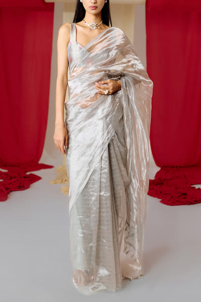 Grey stripe banarasi kadhwa sari set