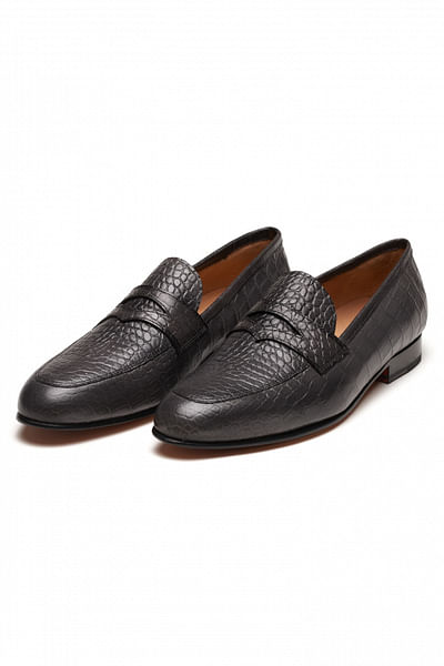Grey textured leather penny loafers