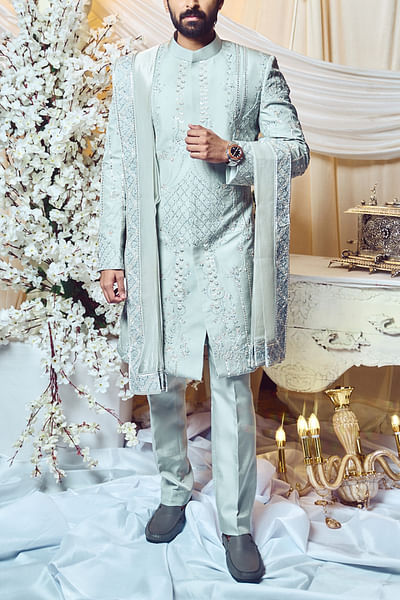 Grey thread and glass bead embroidery sherwani set