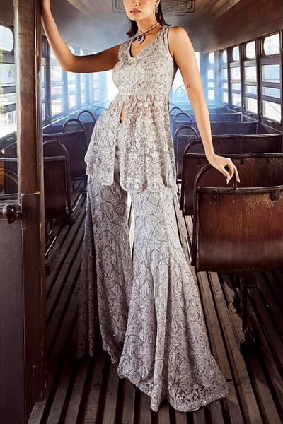 Grey thread and sequin embroidery sharara set