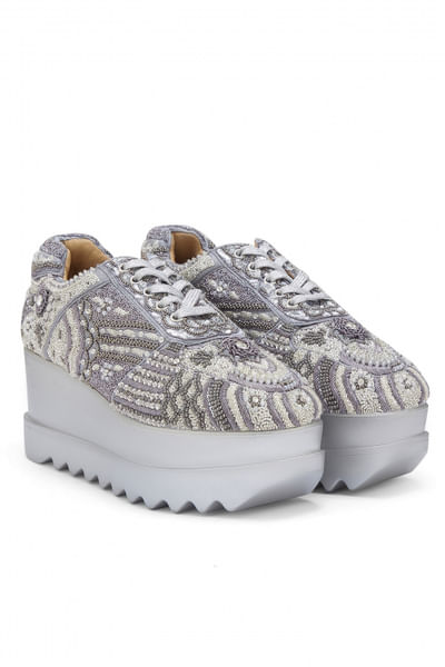 Grey zardozi embroidery wedge sneakers
