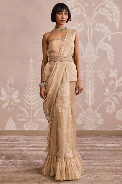 Gunmetal gold embroidered sari set
