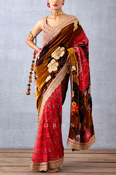 Half and half floral print sari