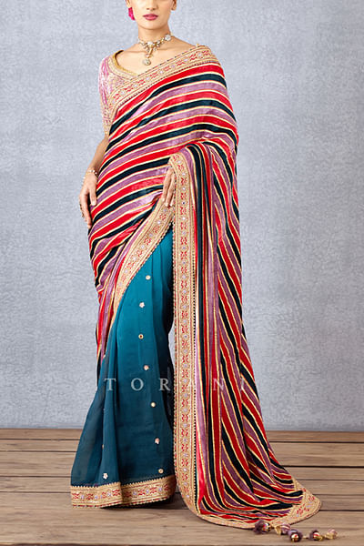 Half and half stripe print sari