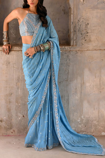 Hazel blue zardozi and sequin embroidery sari set