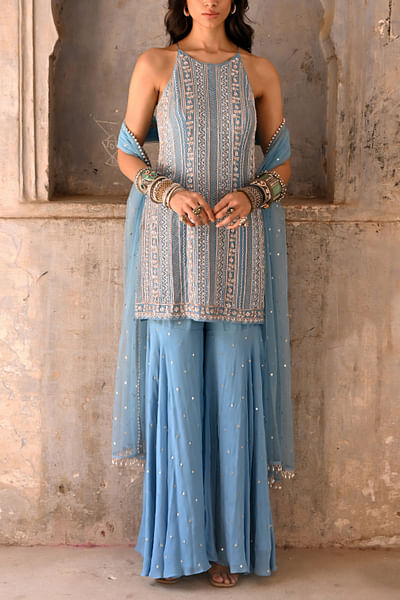 Hazel blue zardozi embroidery sequinned gharara set