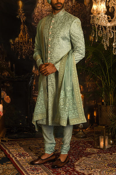 Hazel green leaf embroidery sherwani set