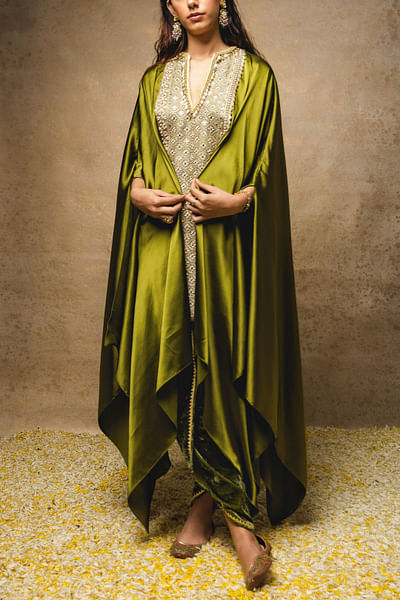 Henna green dori and mirror embroidered volumised cape kurta set