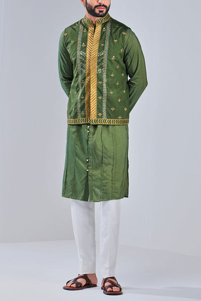 Henna green embroidered Nehru jacket