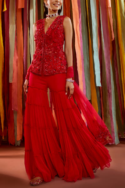 Hot pink 3D floral embellished kurta and sharara set