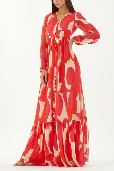 Hot pink abstract print chiffon dress