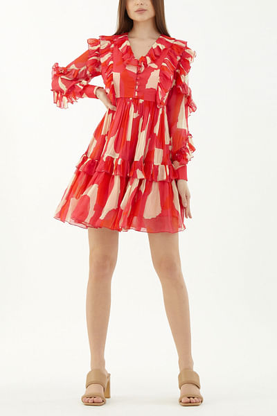 Hot pink abstract print frill short dress