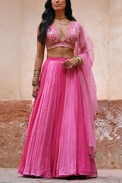 Hot pink and light pink ombre sequinned lehenga set