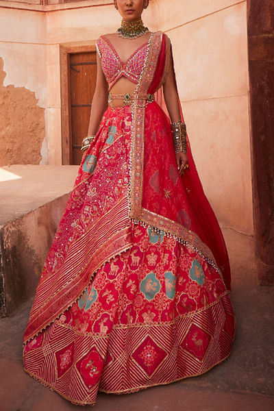 Hot pink animal motif banarasi lehenga set