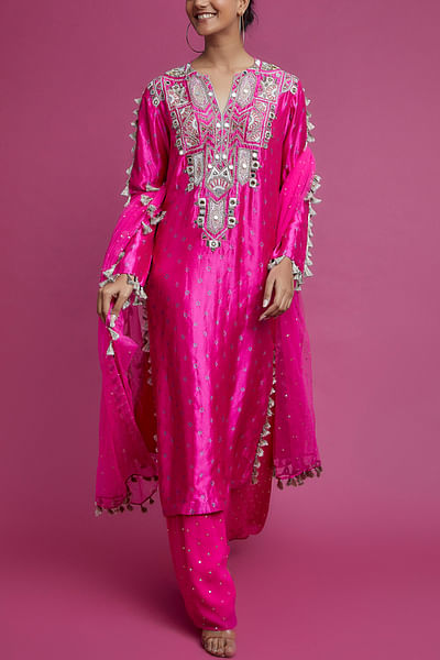 Hot pink bandhani mirror embroidery kurta set