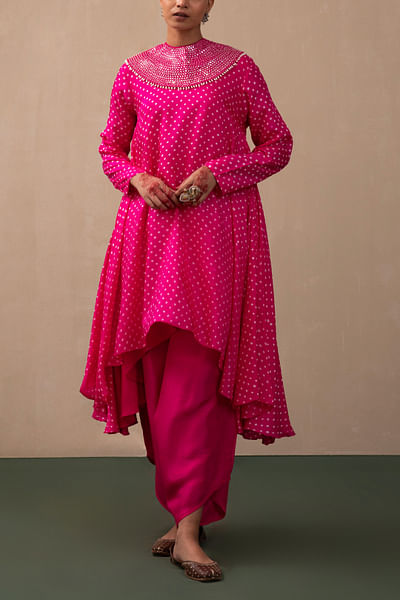 Hot pink bandhani print kurta set