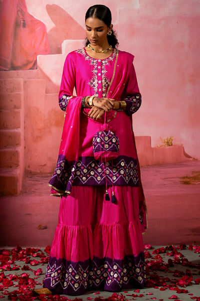 Hot pink floral embroidery bandhej sharara set