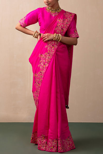 Hot pink bird resham embroidery saree set