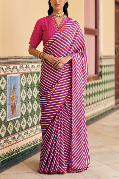 Hot pink candy stripe print sari set