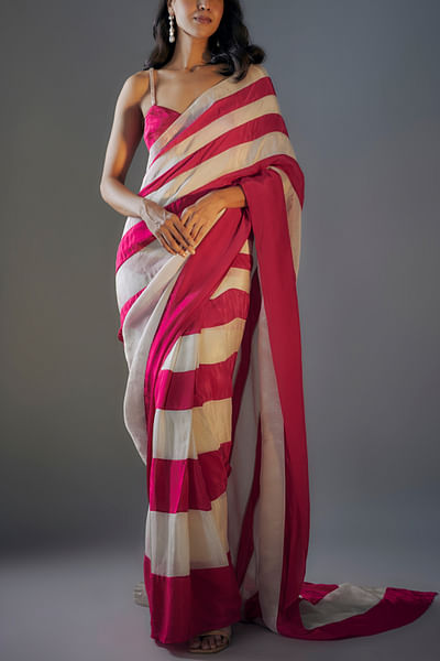 Hot pink colour block sari set
