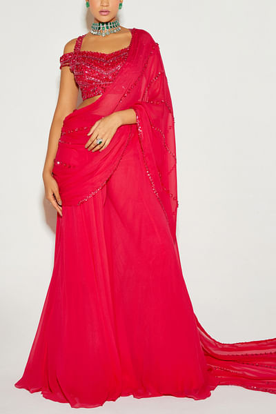 Hot pink embellished pre-draped sharara sari set