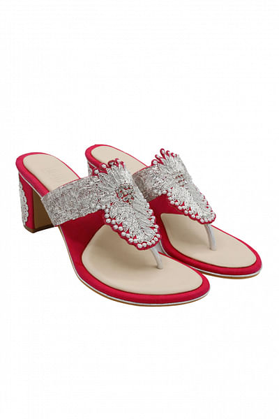 Hot pink embroidered block heel sandals