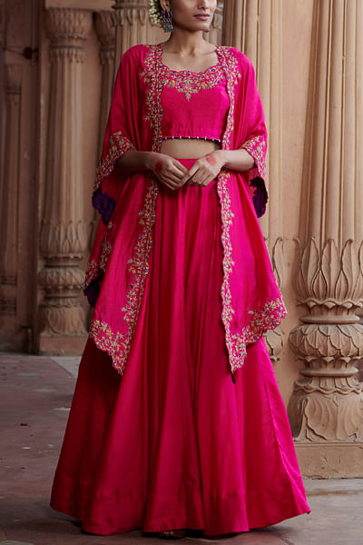 Hot pink embroidered cape and lehenga set