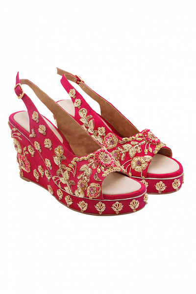 Hot pink embroidered peep toe wedges