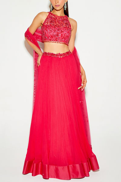 Hot pink floral embellished lehenga set