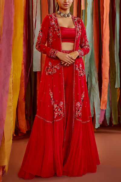 Hot pink floral embellished long cape and sharara set