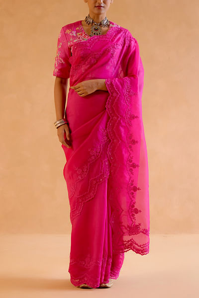 Hot pink floral embroidery scalloped sari set