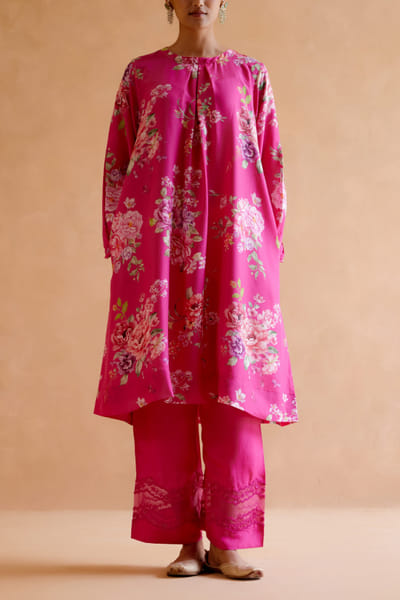 Hot pink floral print tunic set