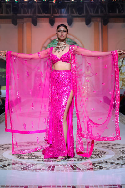 Hot pink floral sequin detail skirt set