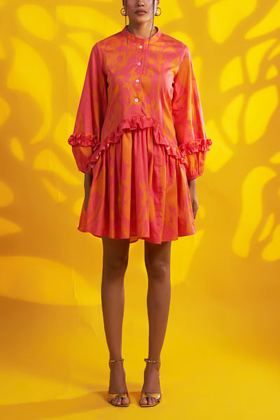 Hot pink frill detailed printed short dress
