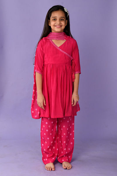 Hot pink hand-dyed bandhani angrakha set