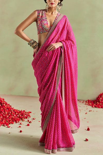 Hot pink hand embroidery sari