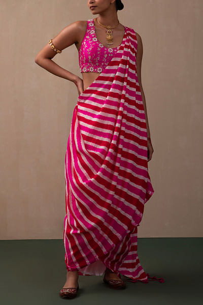 Hot pink leheriya print draped saree set