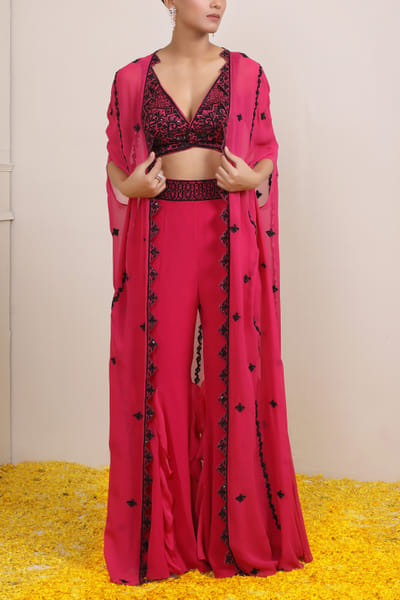 Miku Kumar Hot pink motif embellished cape set MKUJAN24D107
