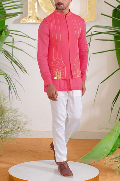 Hot pink motif embroidered bandi kurta set