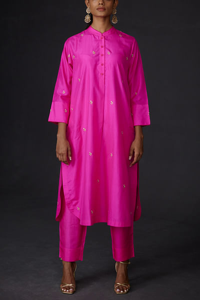 Hot pink motif embroidered kurta and pants