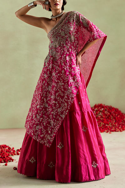 Hot pink one-shoulder embroidered kaftan set