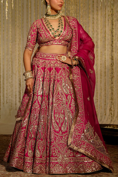 Hot pink paisley embroidery lehenga set